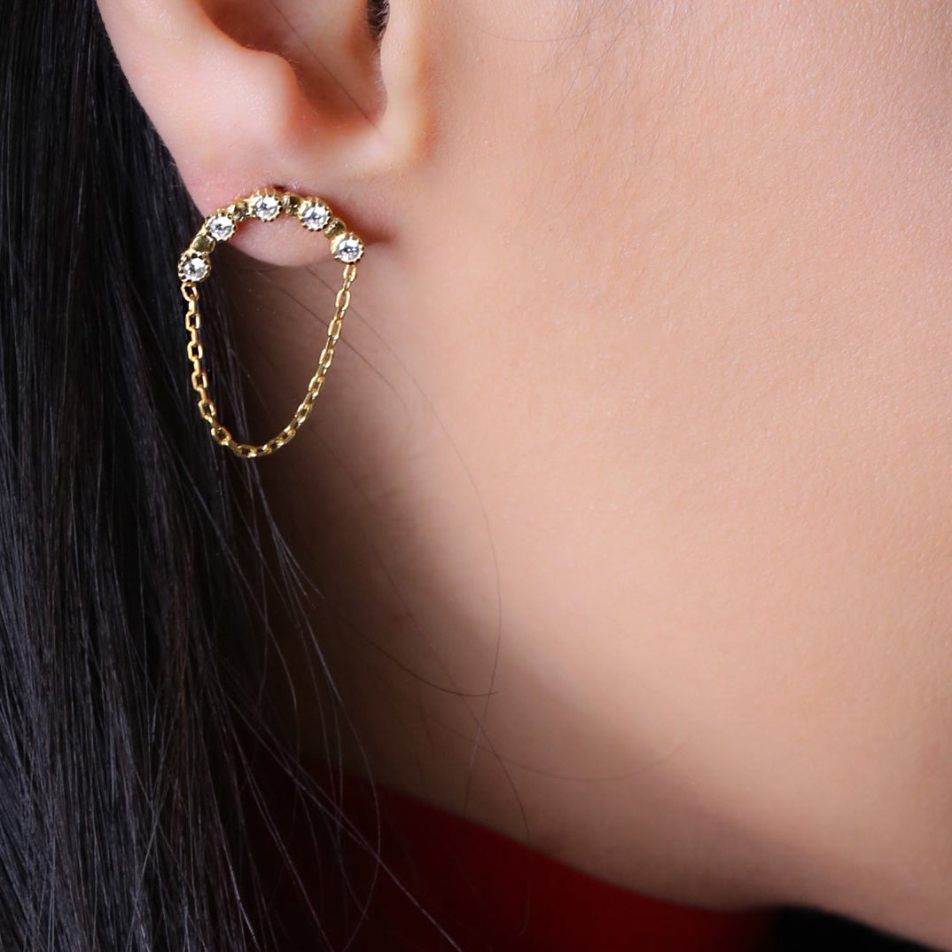Handcrafted Sterling Silver Round Chain Zircon Silver Stud Earrings - Gold Plated