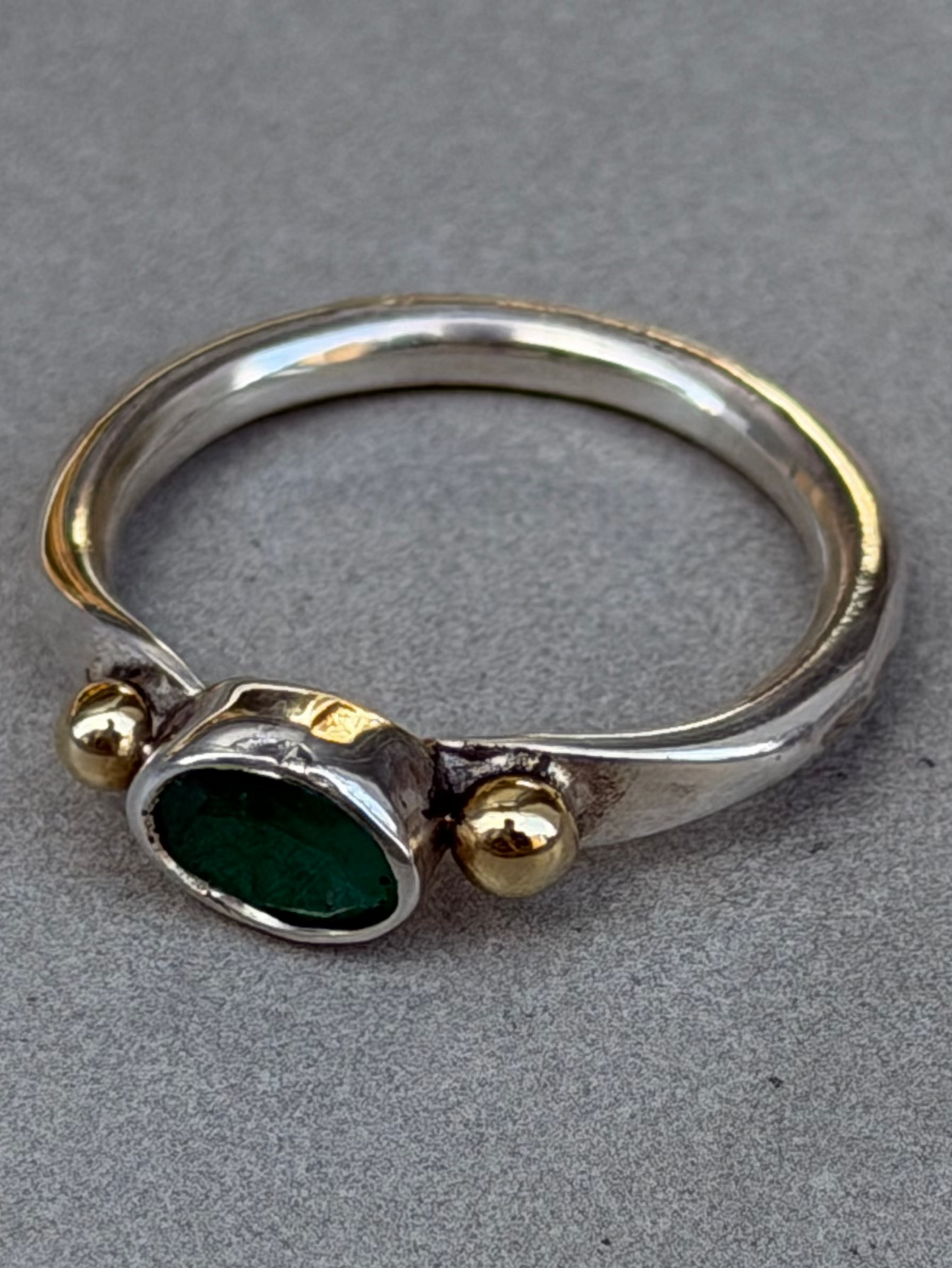 Handcrafted Sterling Silver Ring with Natural Emerald and Gold Plated Beads