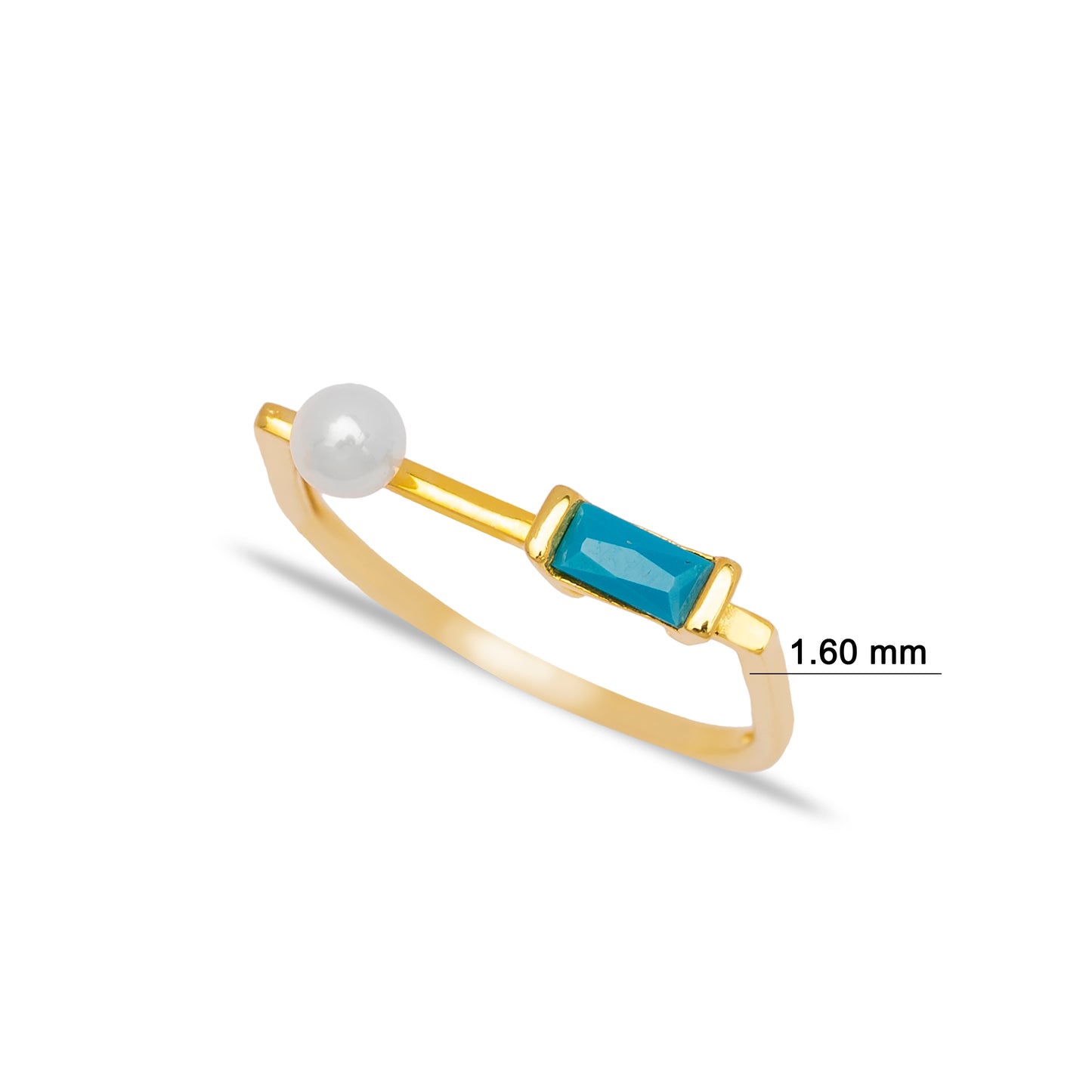 Handcrafted Thin Pearl Design with Baguette Turquoise Stone Sterling Silver Ring - Gold Plated