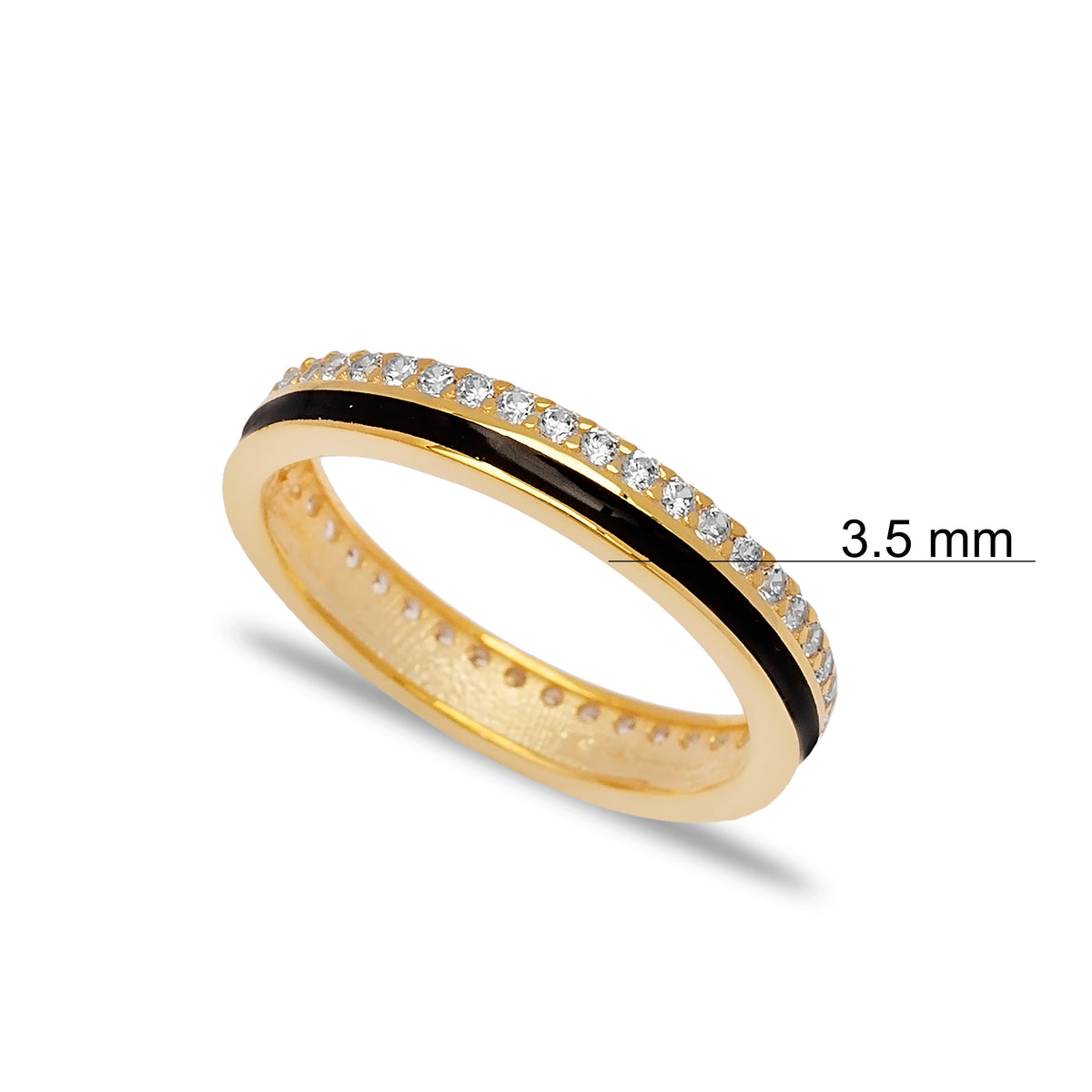 Handcrafted Sterling Silver Black Enamel Design Zircon Stone Ring - Gold Plated