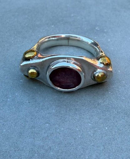 Handcrafted Sterling Silver Ring with Natural Ruby and Gold Plated Beads