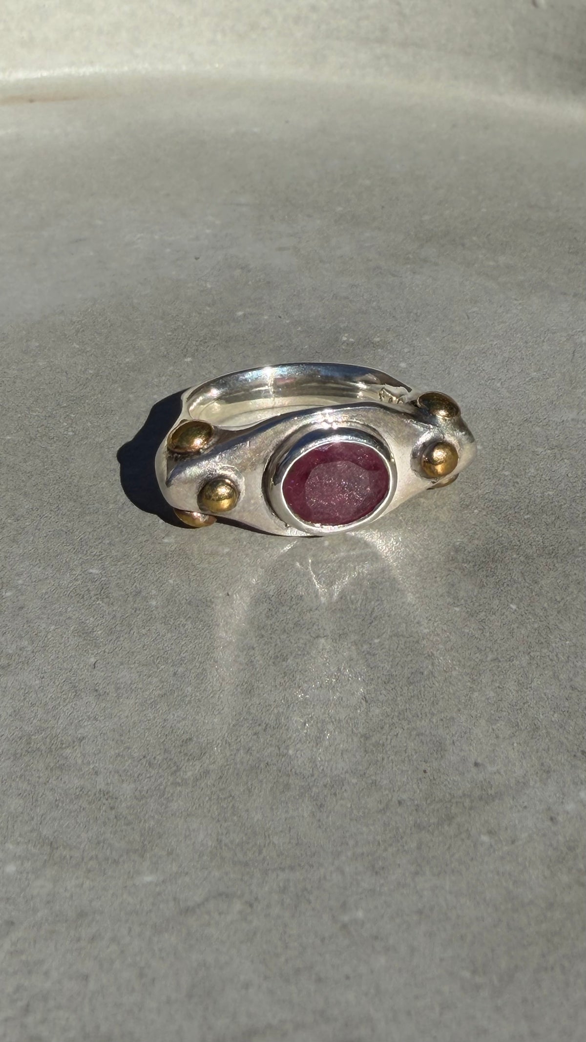 Handcrafted Sterling Silver Ring with Natural Ruby and Gold Plated Beads
