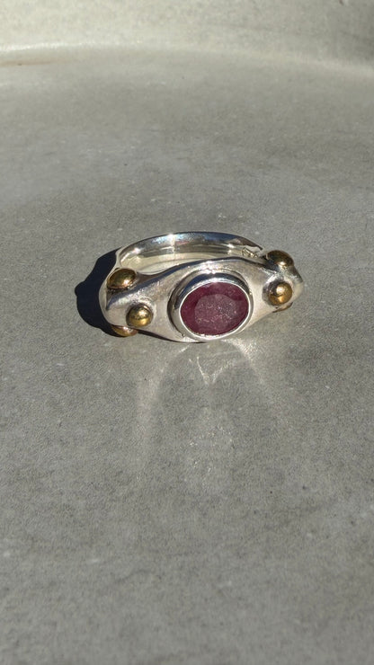 Handcrafted Sterling Silver Ring with Natural Ruby and Gold Plated Beads