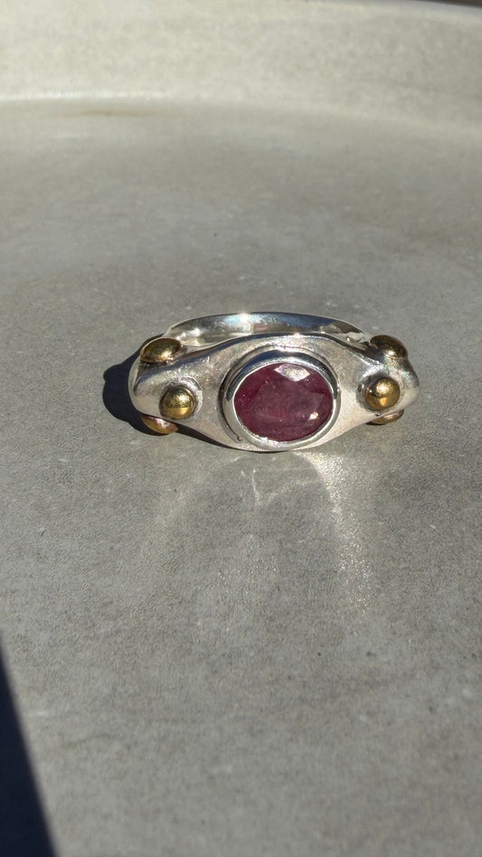 Handcrafted Sterling Silver Ring with Natural Ruby and Gold Plated Beads