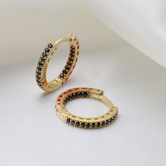 Handcrafted Sterling Silver 15 mm Hoop Earrings - Black Zircon & Red Enamel