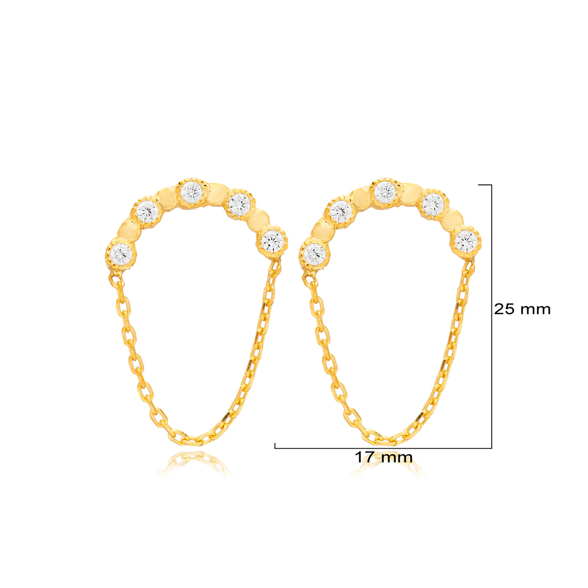Handcrafted Sterling Silver Round Chain Zircon Silver Stud Earrings - Gold Plated