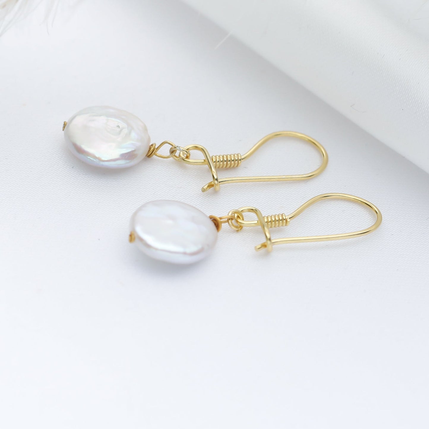 Handcrafted Sterling Silver Round Pearl Hook Earrings - Gold Plated