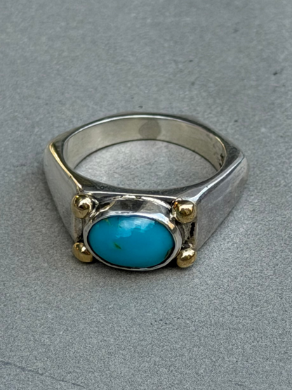 Handcrafted Sterling Silver Ring with Natural Turquoise and Gold Plated Beads