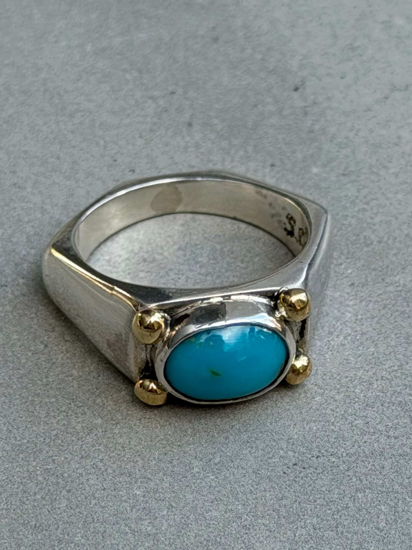 Handcrafted Sterling Silver Ring with Natural Turquoise and Gold Plated Beads