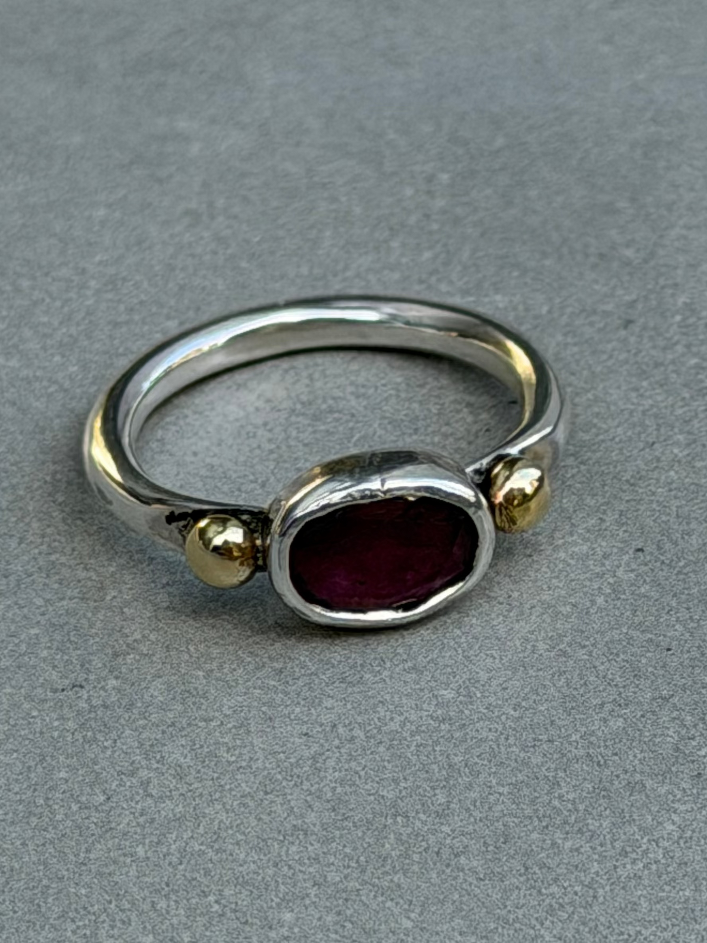 Handcrafted Sterling Silver Ring with Natural Ruby and Gold Plated Beads