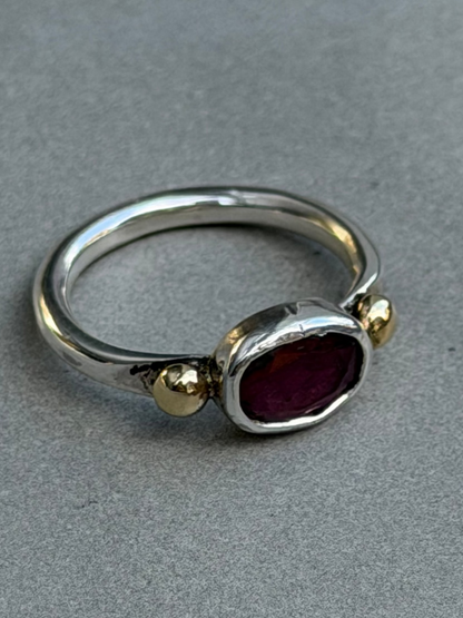 Handcrafted Sterling Silver Ring with Natural Ruby and Gold Plated Beads