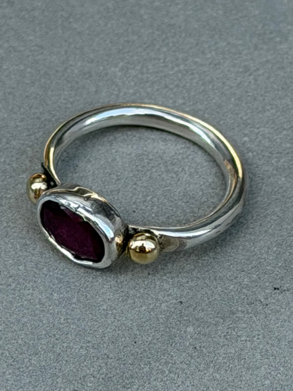 Handcrafted Sterling Silver Ring with Natural Ruby and Gold Plated Beads