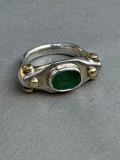 Handcrafted Sterling Silver Ring with Natural Emerald and Gold Plated Beads