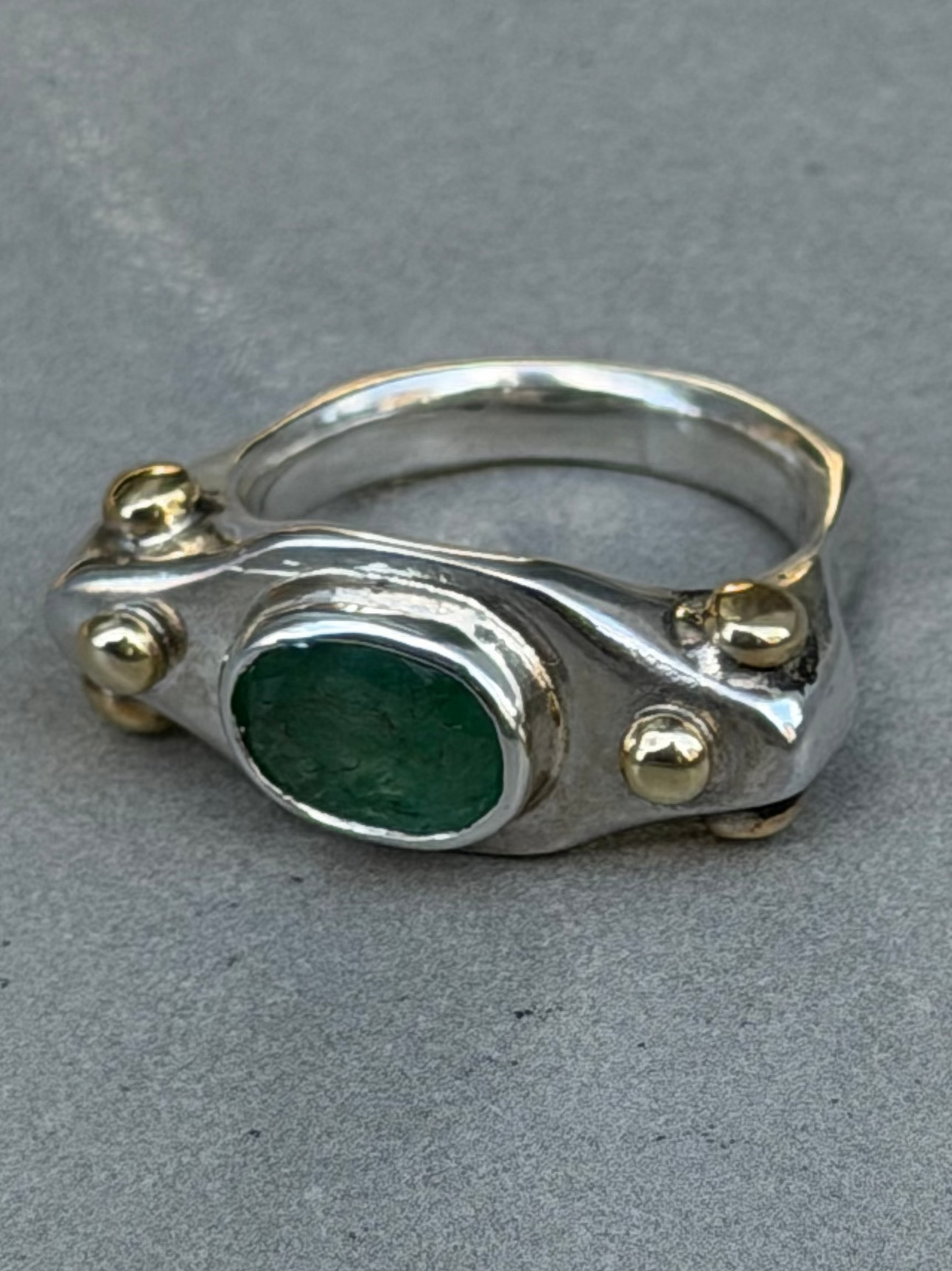Handcrafted Sterling Silver Ring with Natural Emerald and Gold Plated Beads