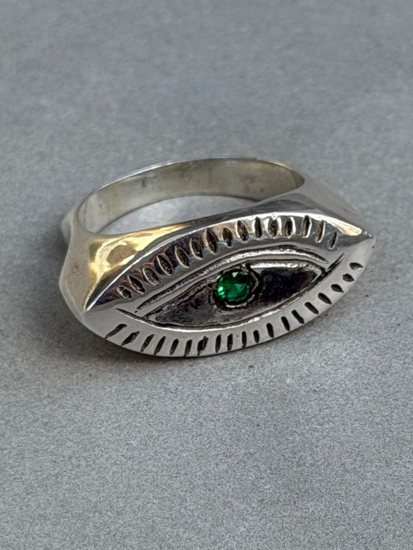 Handcrafted Guardian Eye Design Sterling Silver Ring with Emerald