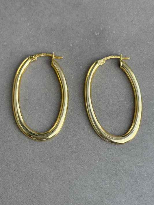 35 mm Oval Drop Sterling Silver Earrings Gold Plated