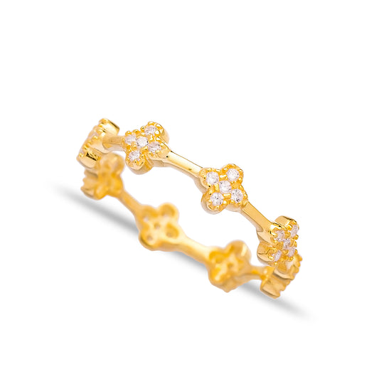 Handcrafted Sterling Silver Pave Band Clover Ring - Gold Plated