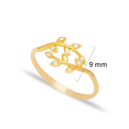 Handcrafted Elegant Leaf Design Adjustable Sterling Silver Ring - Gold Plated