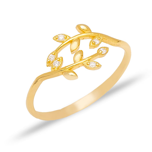 Handcrafted Elegant Leaf Design Adjustable Sterling Silver Ring - Gold Plated