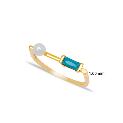 Handcrafted Thin Pearl Design with Baguette Turquoise Stone Sterling Silver Ring - Gold Plated