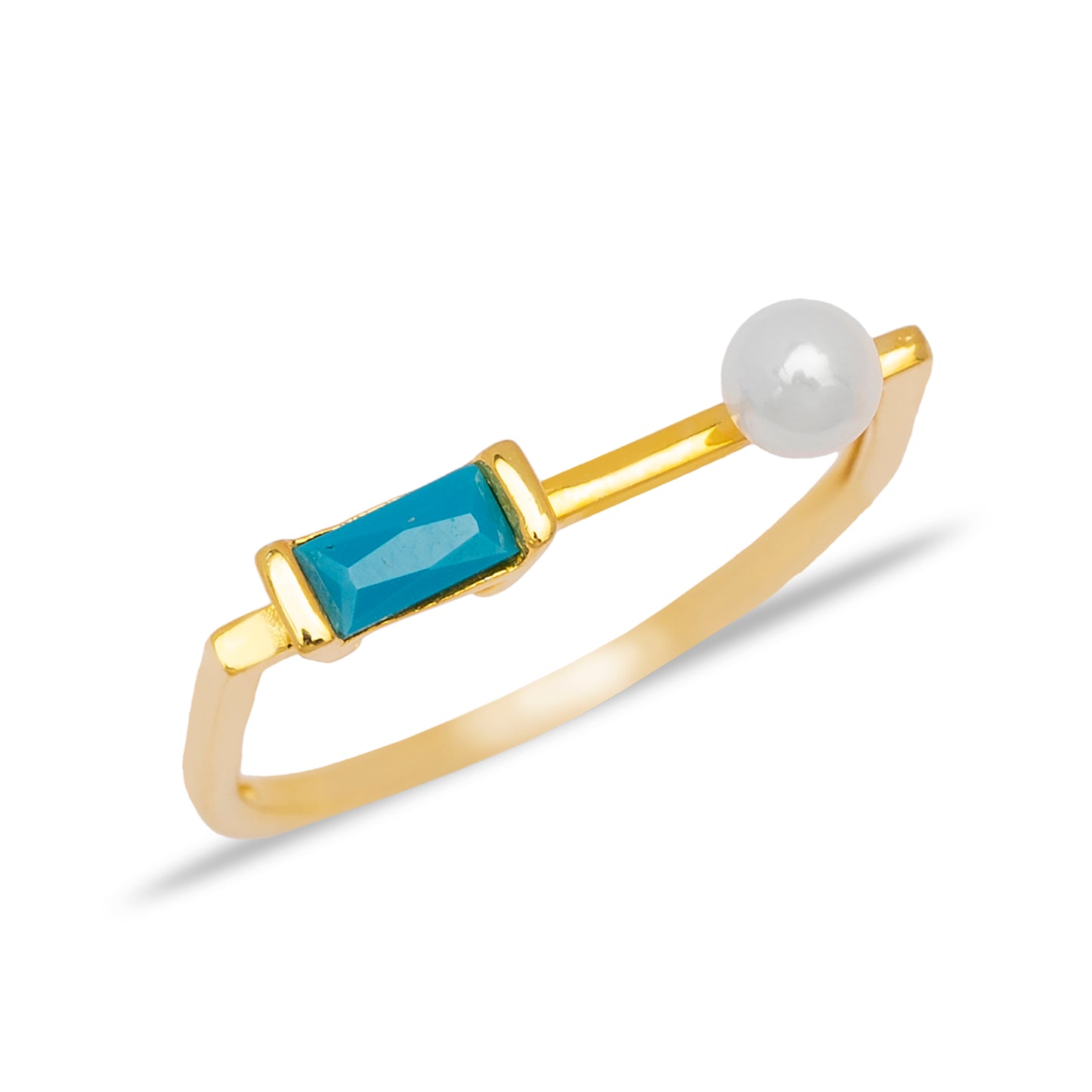 Handcrafted Thin Pearl Design with Baguette Turquoise Stone Sterling Silver Ring - Gold Plated