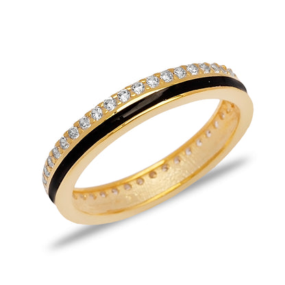 Handcrafted Sterling Silver Black Enamel Design Zircon Stone Ring - Gold Plated